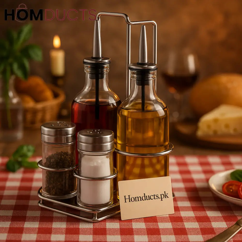 Gourmet Oil & Spice Dispenser Set – 5pc Stainless Steel Caddy