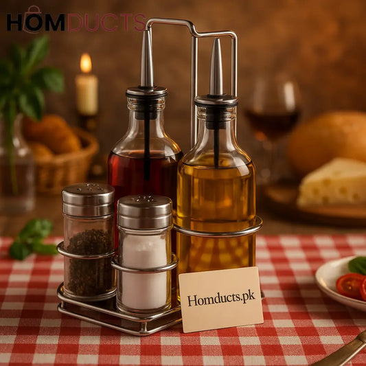 Gourmet Oil & Spice Dispenser Set – 5pc Stainless Steel Caddy