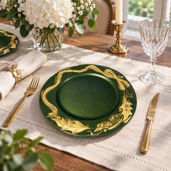 Luxury Green & Gold Decorative Charger Plate – Leaf Design Dinner Plate