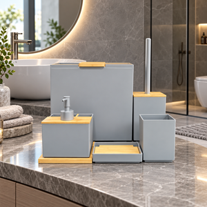 Modern Grey 6-Piece Bathroom Accessory Set with Bamboo Accents
