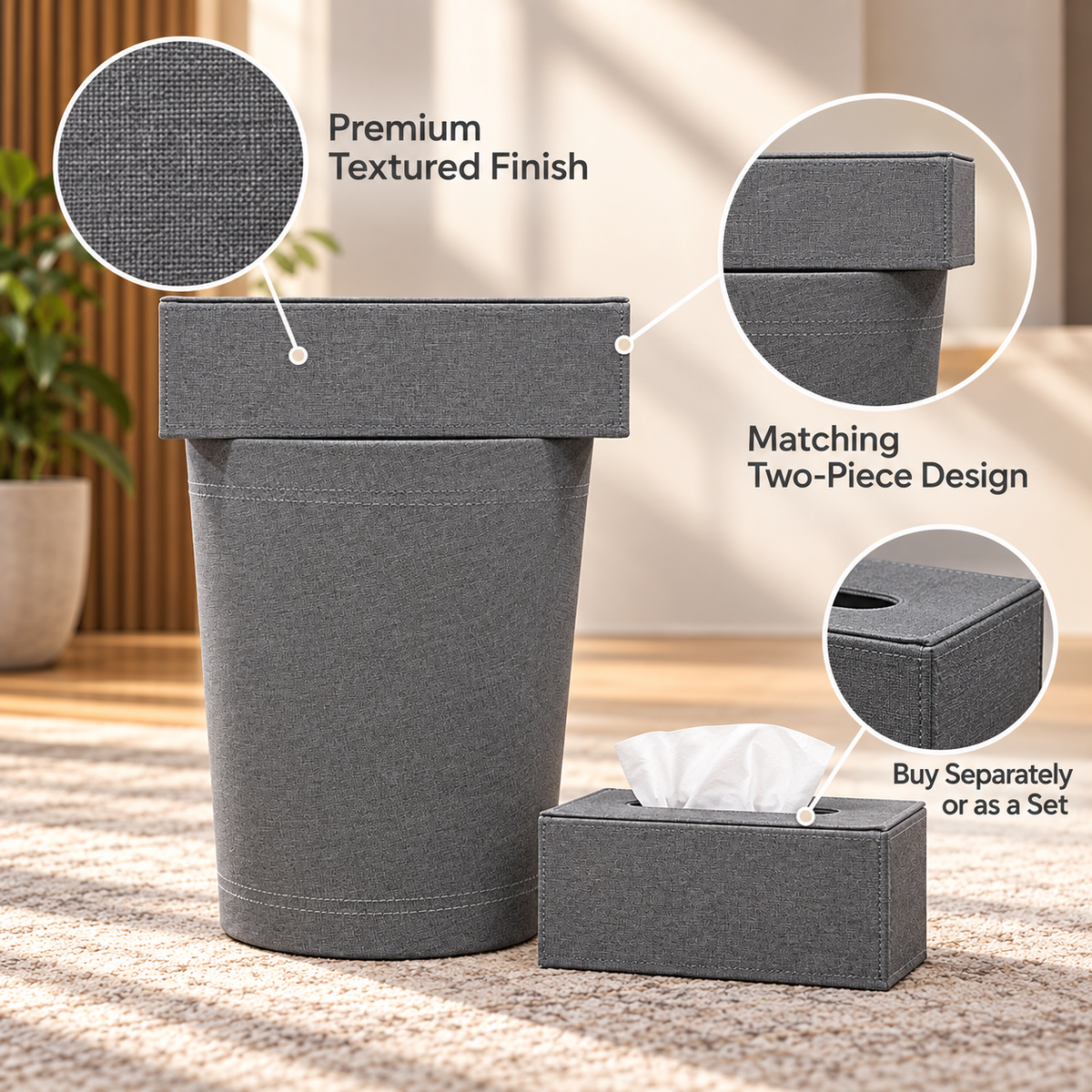 Premium Grey Fabric-Look Tissue Box & Dustbin Set feature details