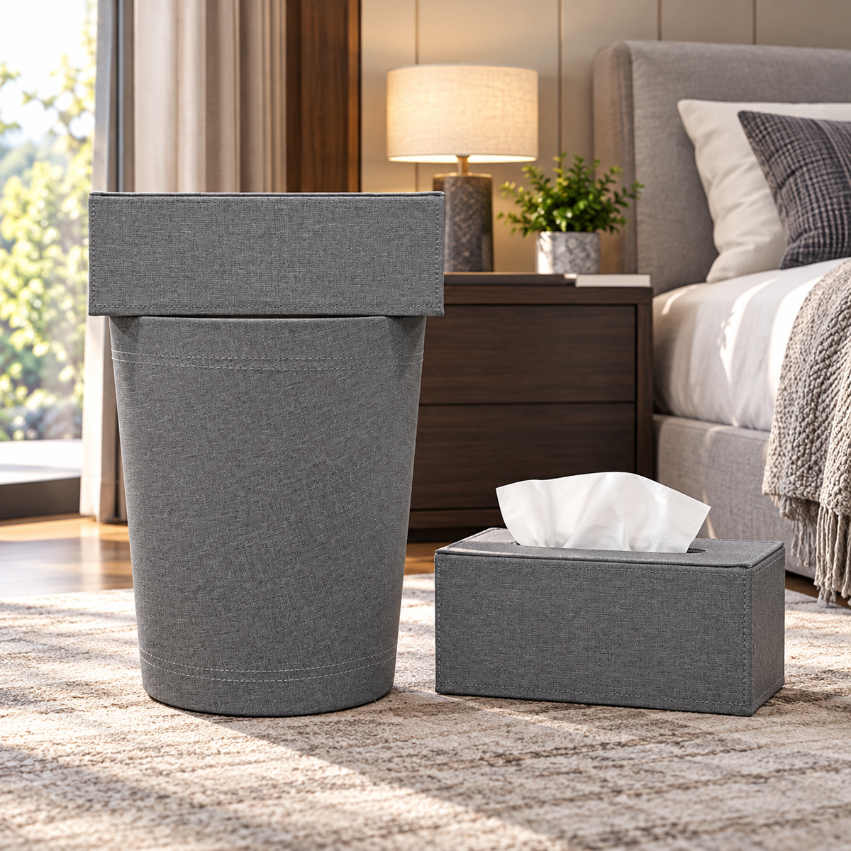 Premium Grey Fabric-Look Tissue Box & Dustbin Set lifestyle image