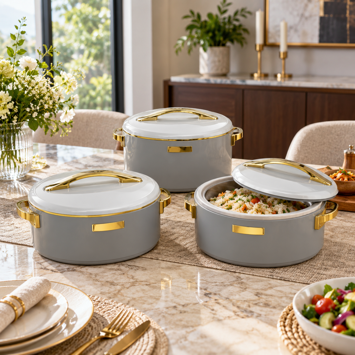 Premium Grey & Gold 3-Piece Insulated Hot Pot Set – 1.5L, 2L & 2.5L