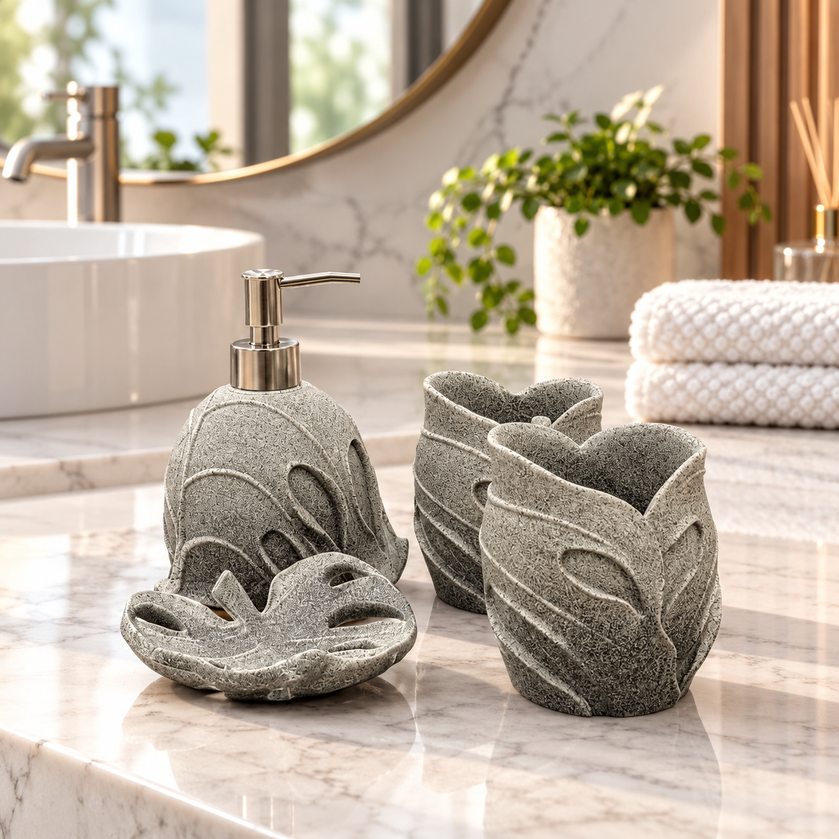 Grey Leaf four-piece fibre bathroom accessory set – bathroom vanity setting
