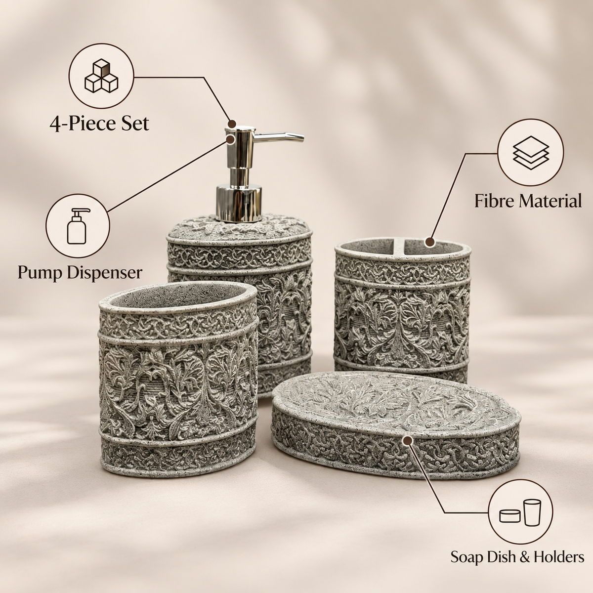 Grey Ornate four-piece fibre bathroom accessory set – features and included pieces