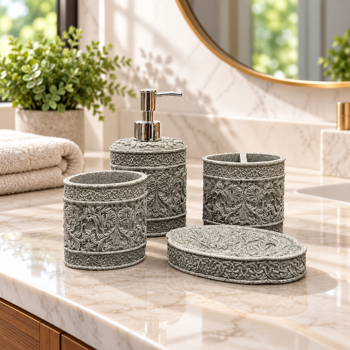 Grey Ornate four-piece fibre bathroom accessory set – bathroom vanity setting