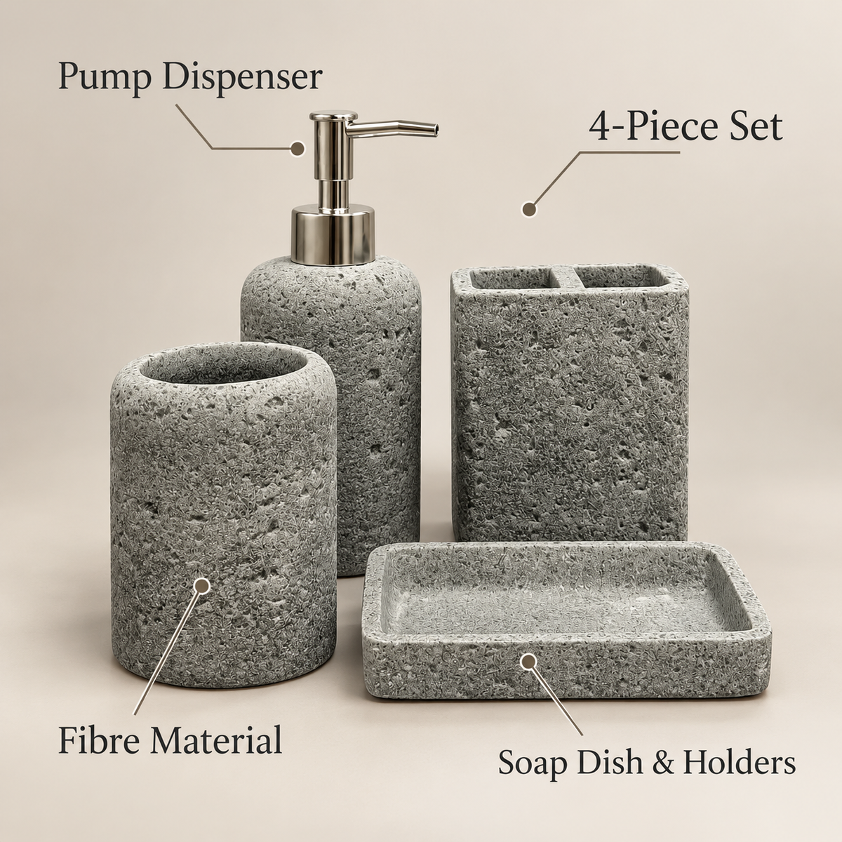 Grey Pitted Texture four-piece fibre bathroom accessory set – features and included pieces