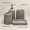 Grey Pitted Texture four-piece fibre bathroom accessory set – features and included pieces