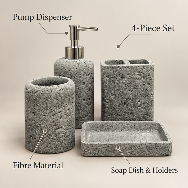 Grey Pitted Texture four-piece fibre bathroom accessory set – features and included pieces