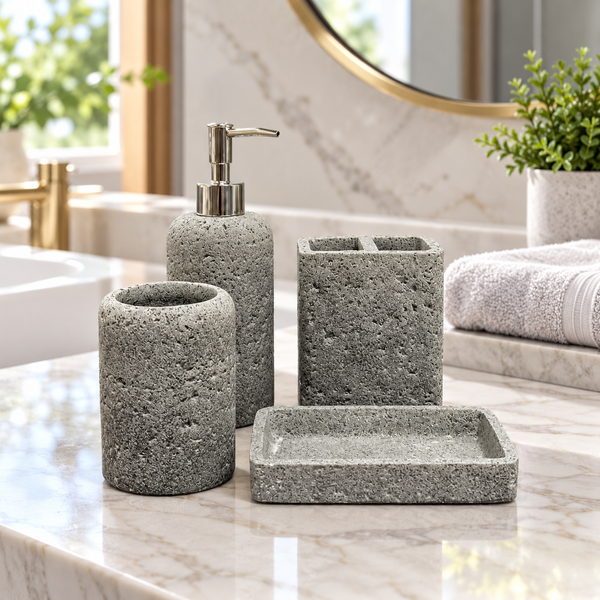 Grey Pitted Texture four-piece fibre bathroom accessory set – bathroom vanity setting