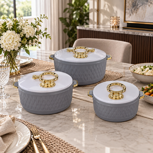 Premium Grey 3-Piece Insulated Hot Pot Set with Gold Ring Handles – 1L, 1.5L & 4L