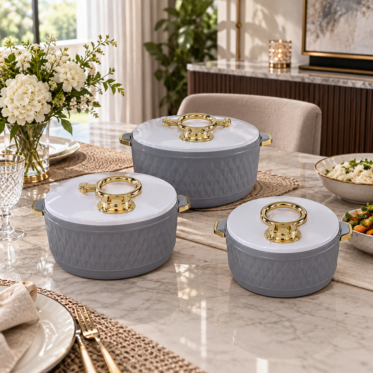 Premium Grey 3-Piece Insulated Hot Pot Set with Gold Ring Handles – 1L, 1.5L & 4L