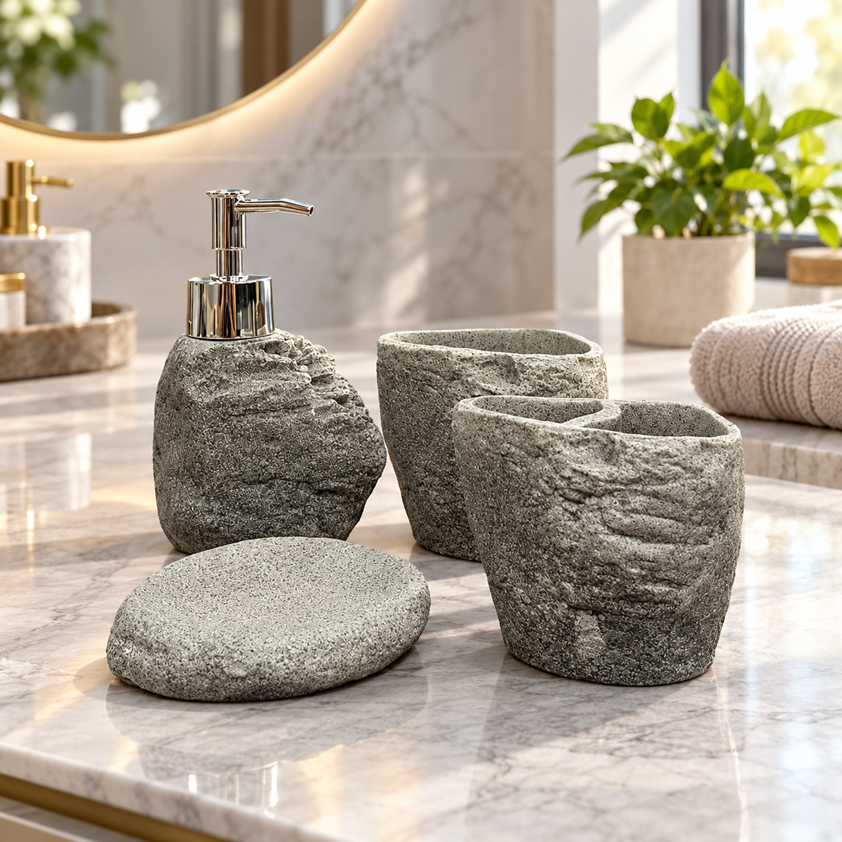 Grey Rock Texture four-piece fibre bathroom accessory set – bathroom vanity setting