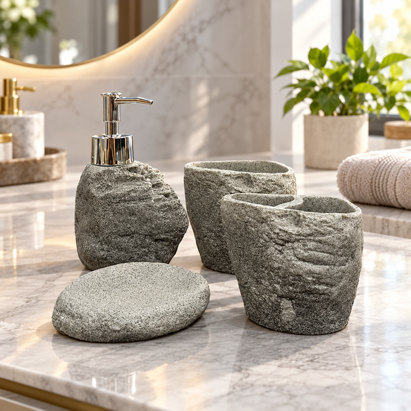 Grey Rock Texture four-piece fibre bathroom accessory set – bathroom vanity setting