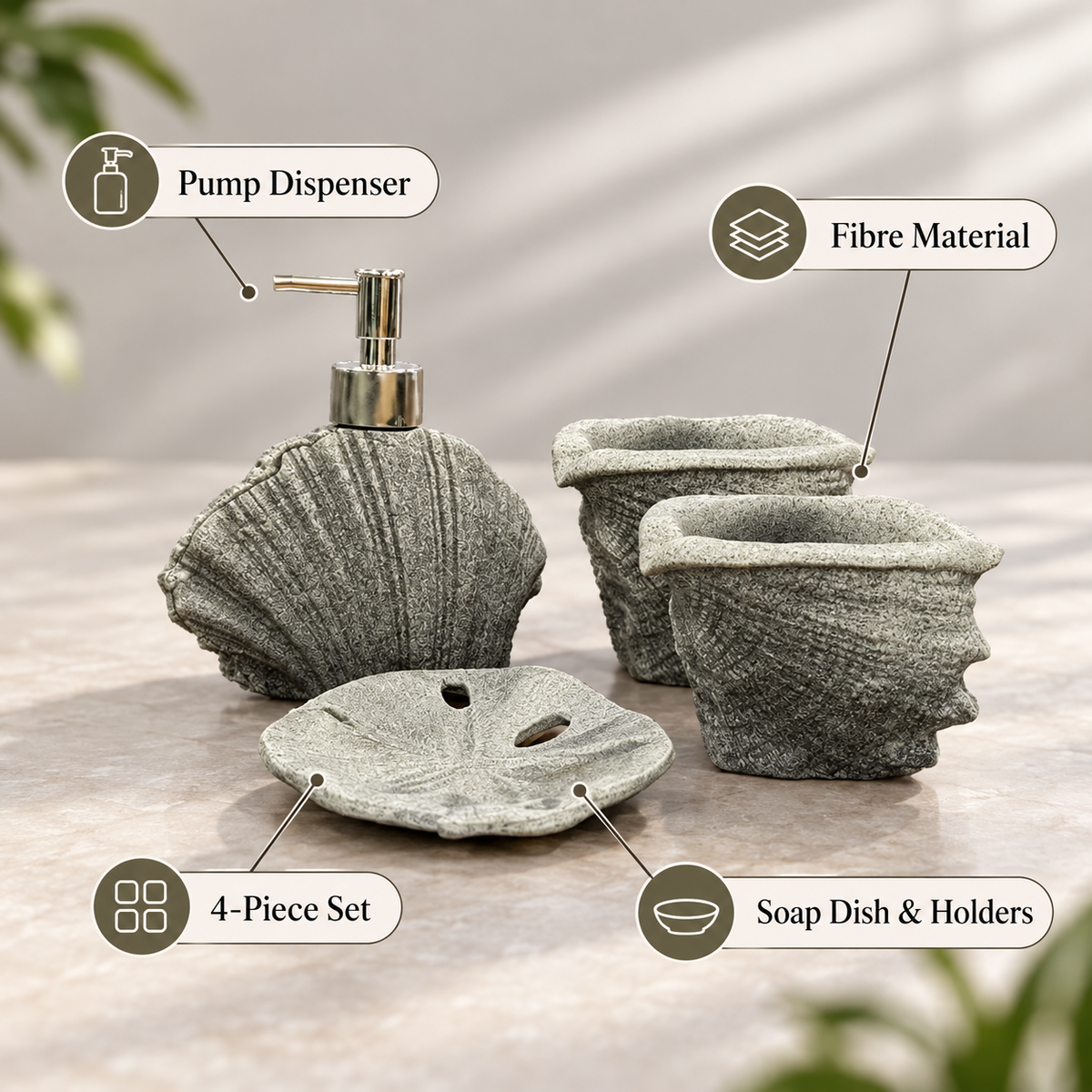 Grey Seashell four-piece fibre bathroom accessory set – features and included pieces