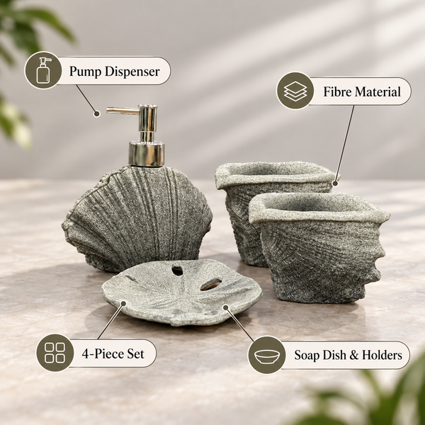 Grey Seashell four-piece fibre bathroom accessory set – features and included pieces
