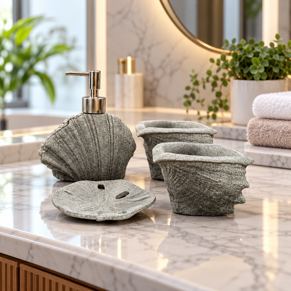Grey seashell four-piece fibre bathroom accessory set on a vanity