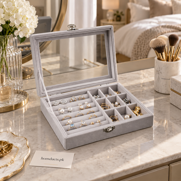 Grey velvet glass top jewellery organizer box on vanity