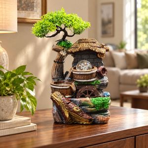 14-Inch Rustic Hut Tabletop Water Fountain with Bonsai Tree