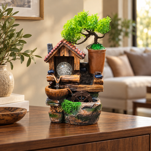 14-Inch Cottage Tabletop Water Fountain with Bonsai Tree