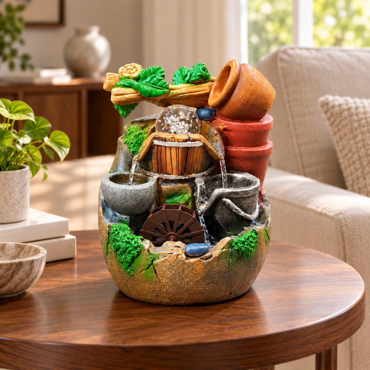8-Inch Tiered Pot Tabletop Water Fountain with Waterwheel