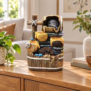 10.5-Inch Rustic Log Tabletop Water Fountain with Water Wheel