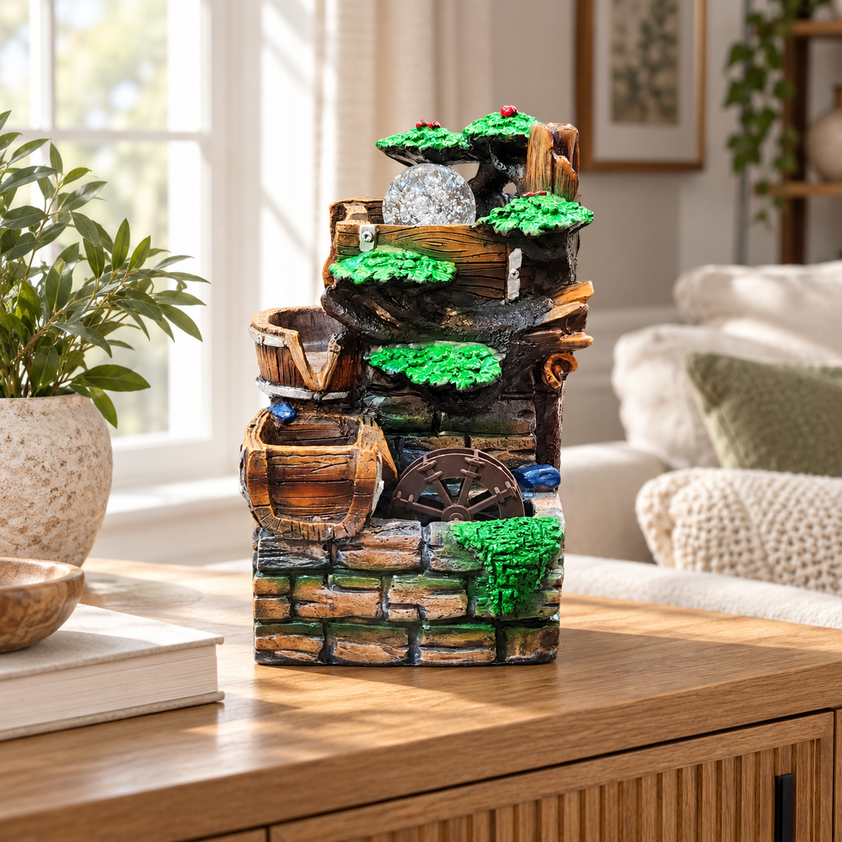 10.5-Inch Bonsai Cascade Tabletop Water Fountain with Barrels