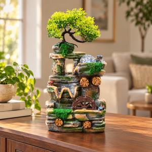 14-Inch Rock Cascade Tabletop Water Fountain with Bonsai Tree