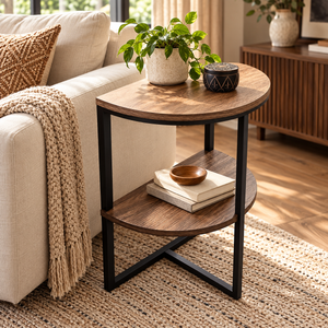 1-piece two-tier half-moon side table beside a sofa