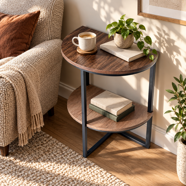 Two-tier semicircular side table styled in a reading corner