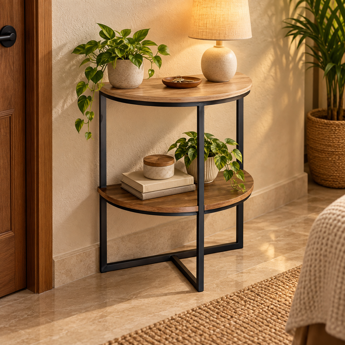 Half-moon storage side table in a warm modern interior