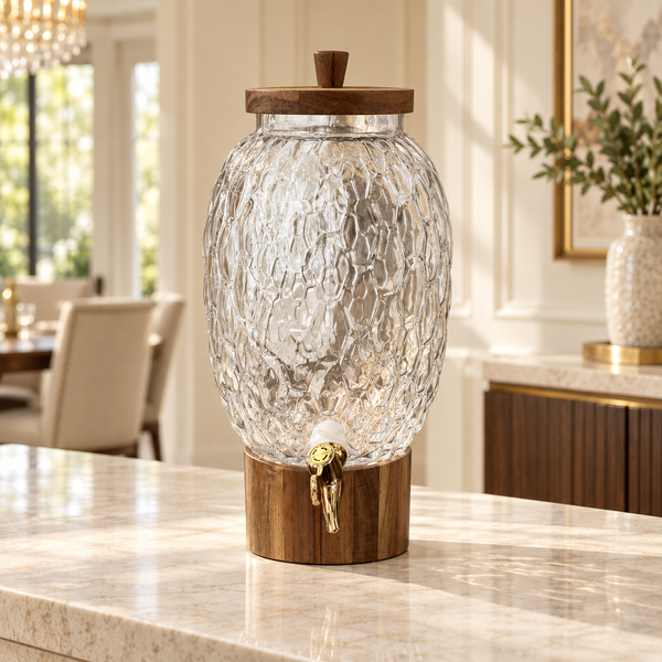 Hammered glass beverage dispenser with wooden stand and gold tap