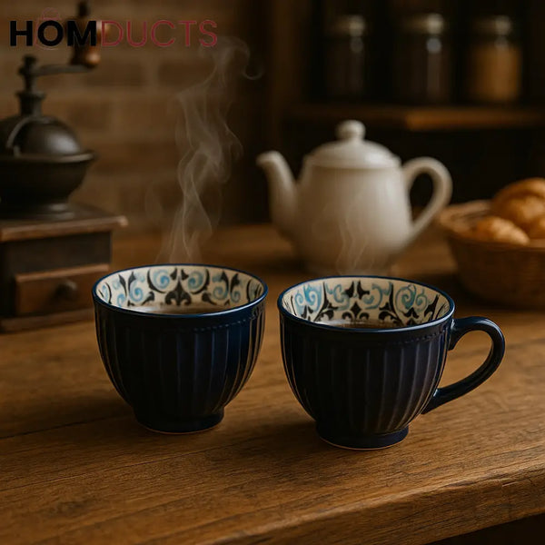 Hand-Painted Blue Ceramic Mugs – Vintage Floral Interior