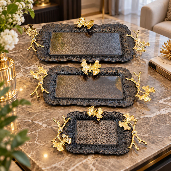 Botanical Butterfly Serving Tray Set – Black & Gold, 3 Piece