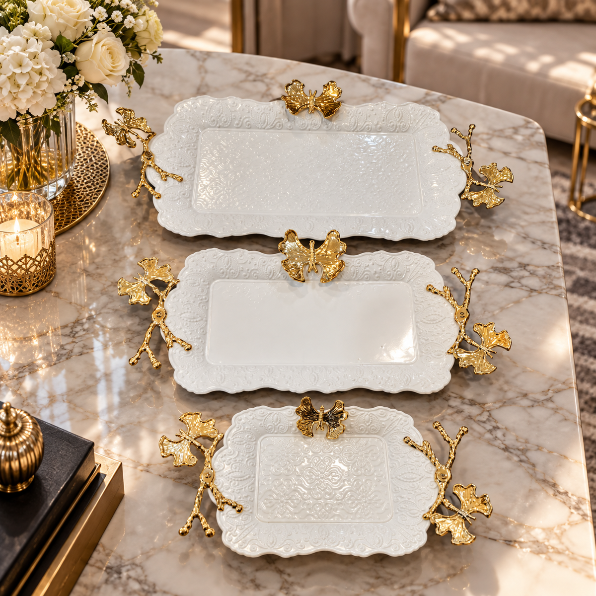 Botanical Butterfly Serving Tray Set – White & Gold, 3 Piece