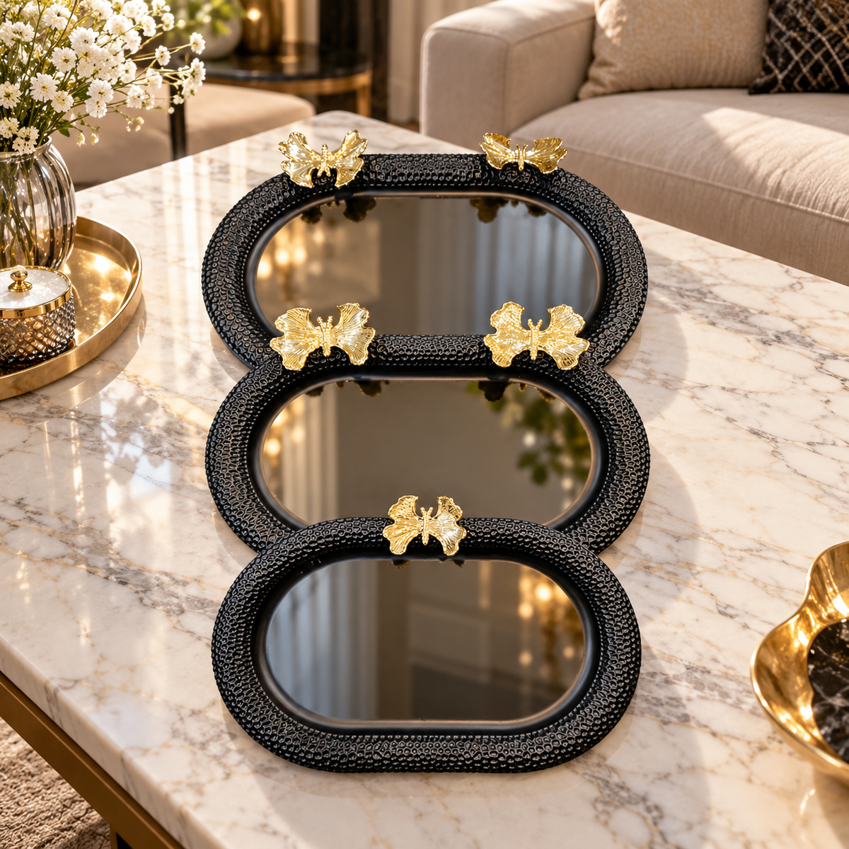 Butterfly Oval Serving Tray Set – Black & Gold, 3 Piece