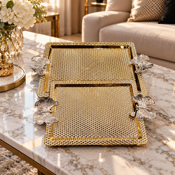 Luxury Rectangular Mirrored Serving Tray Set – Gold & Silver, 2 Piece