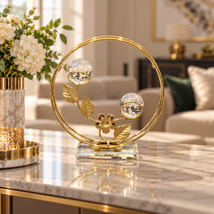 Gold circular crystal floral tabletop ornament