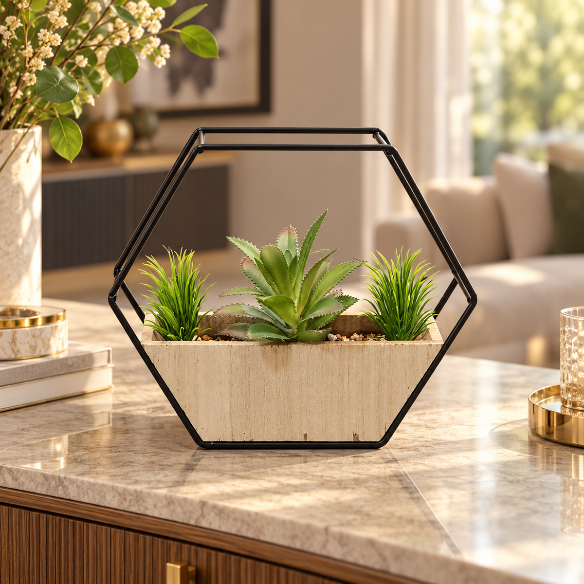 Black geometric planter with wooden box and green plants