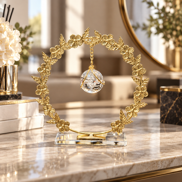 Gold floral wreath frame with hanging crystal ball