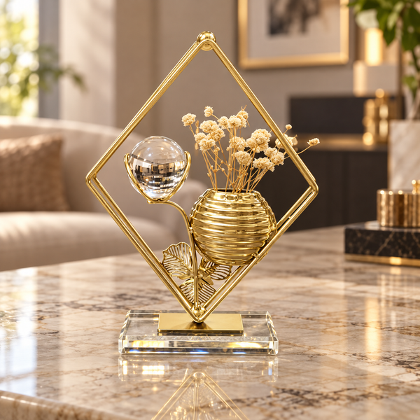 Diamond Frame Vase & Crystal Tabletop Ornament – Gold