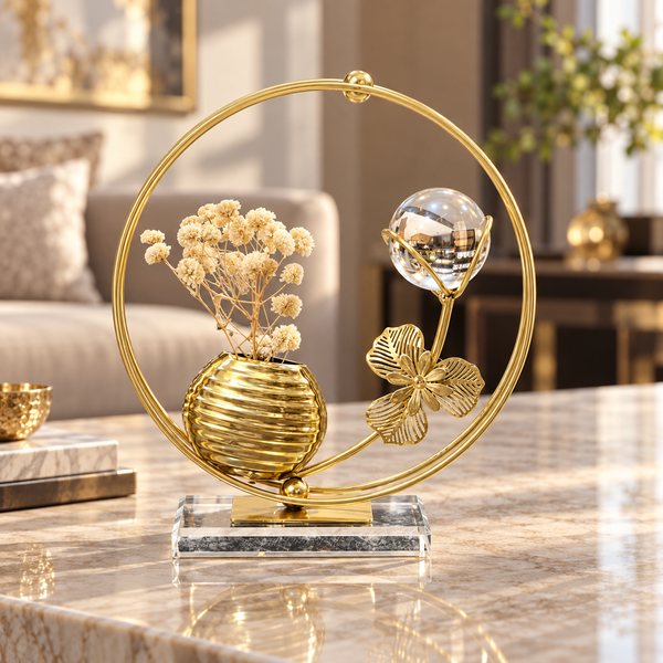 Round Floral Vase & Crystal Tabletop Ornament – Gold