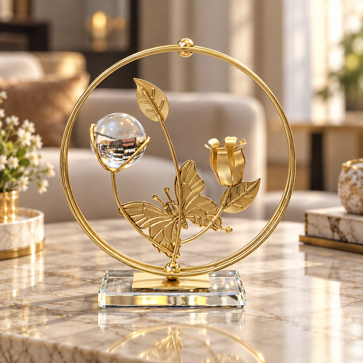 Butterfly Tulip & Crystal Tabletop Ornament – Gold