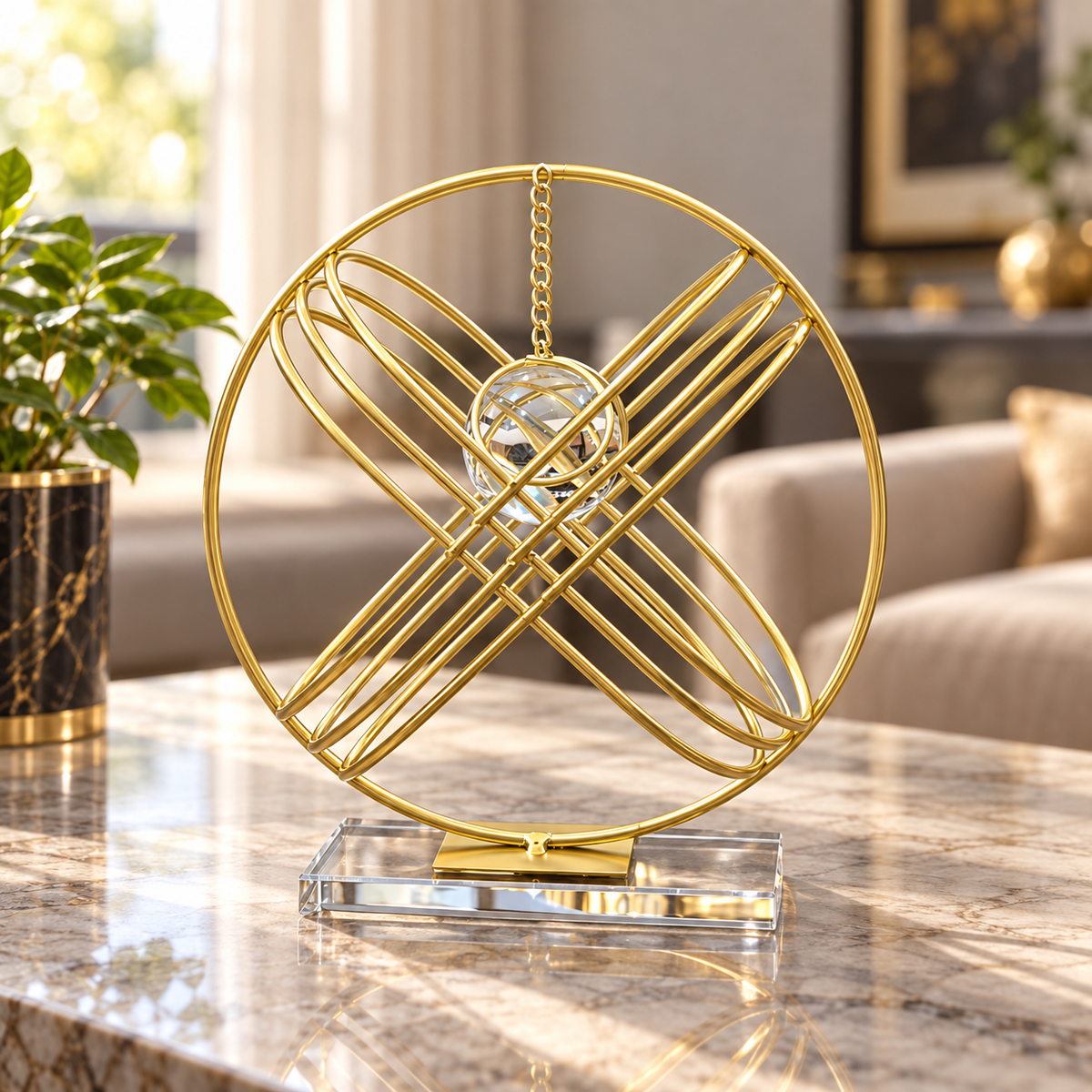 Woven Orbital Crystal Tabletop Ornament – Gold