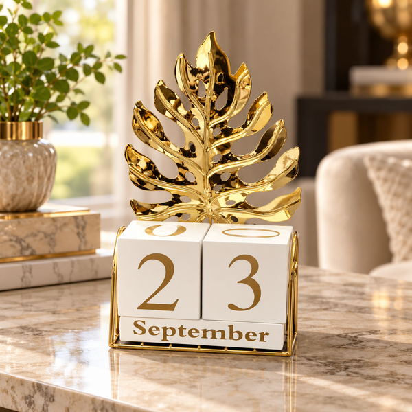 Monstera Leaf Perpetual Block Calendar – Gold & White