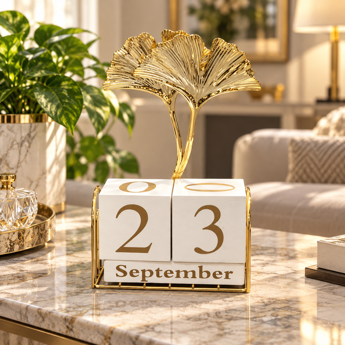 Ginkgo Leaf Perpetual Block Calendar – Gold & White