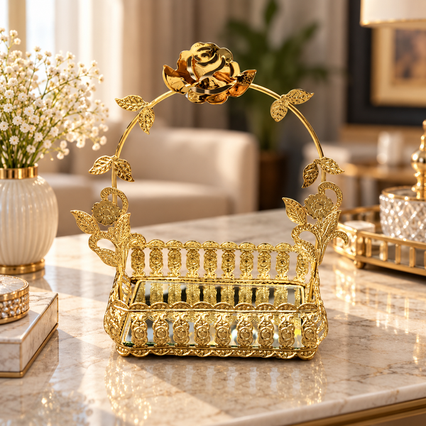 Ornate gold rose decorative basket with mirrored base
