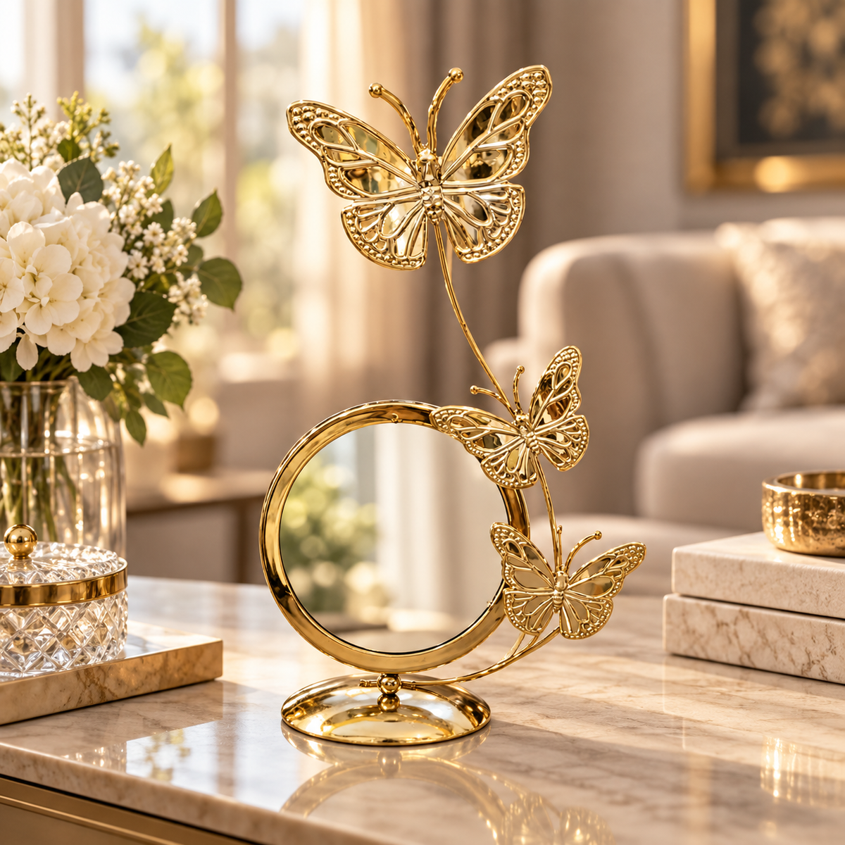 Gold butterfly round tabletop mirror