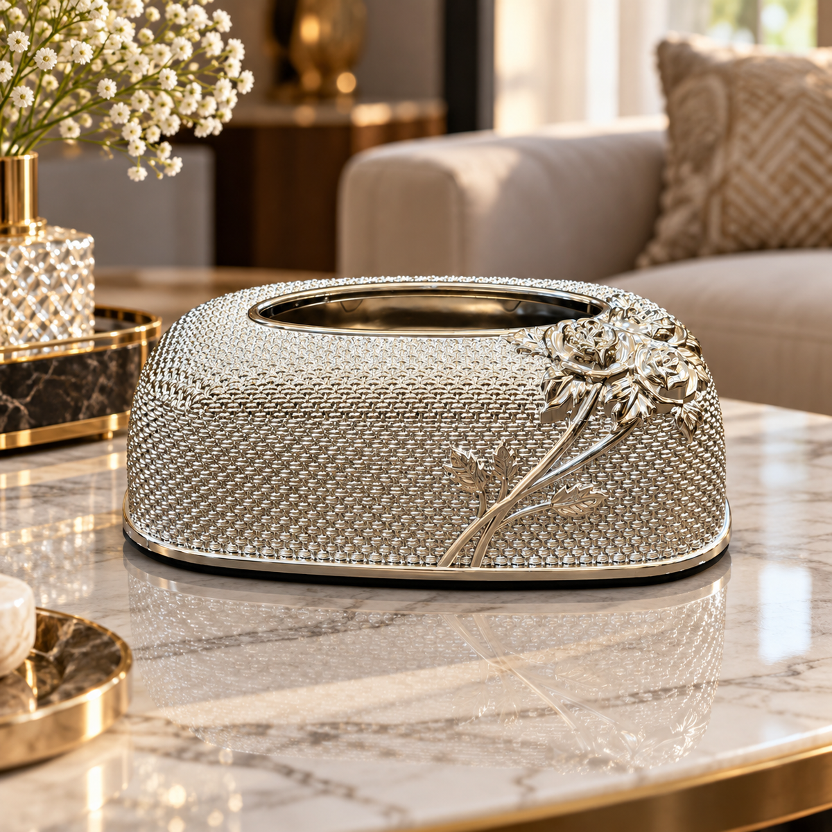 Luxury Floral Textured Tissue Box Cover – Silver