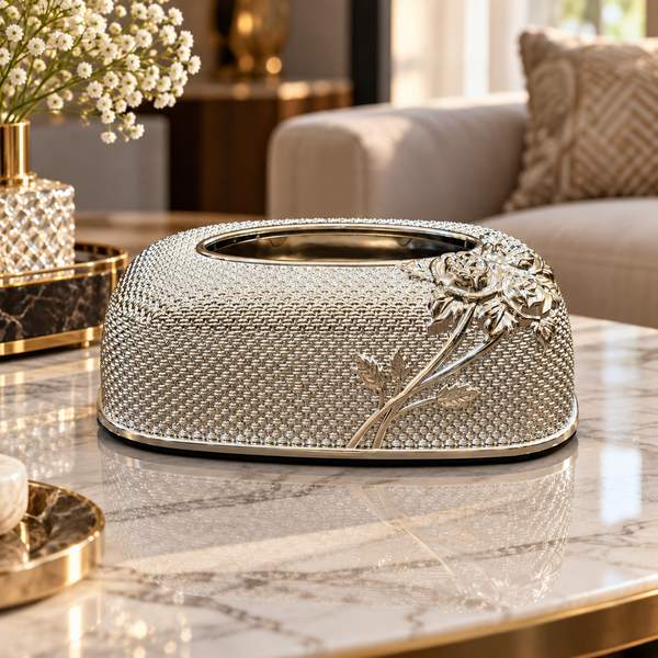 Luxury Floral Textured Tissue Box Cover – Silver